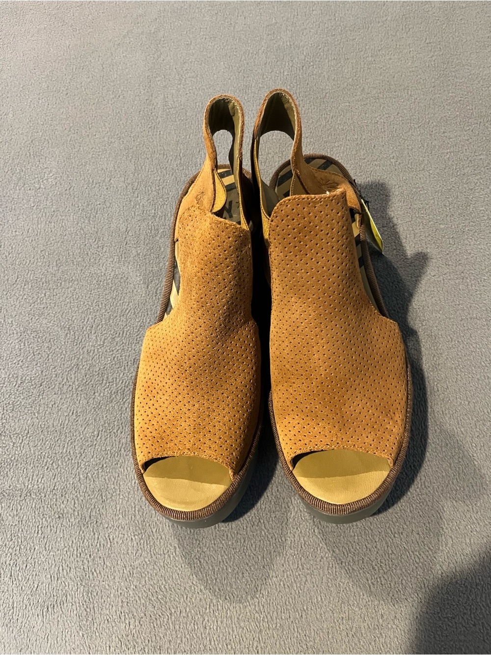 New Fly London Perforated Tan Suede Open-Toe Slingback Sandals